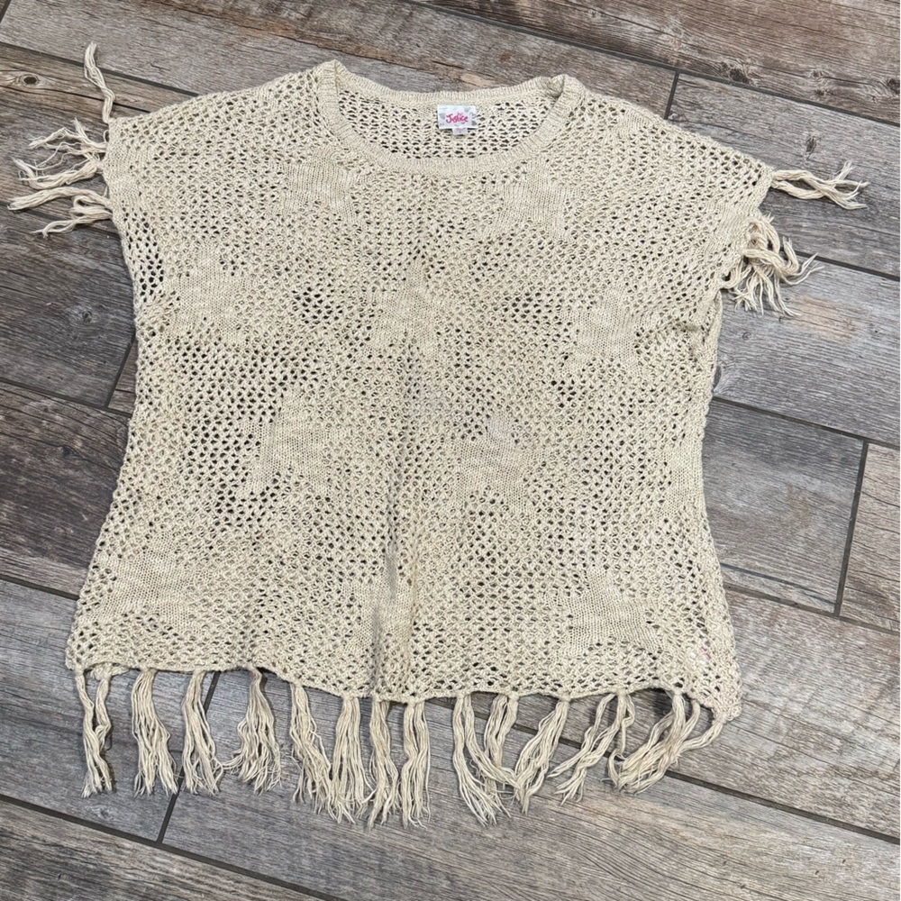Justice Cream Knit Poncho with Fringe